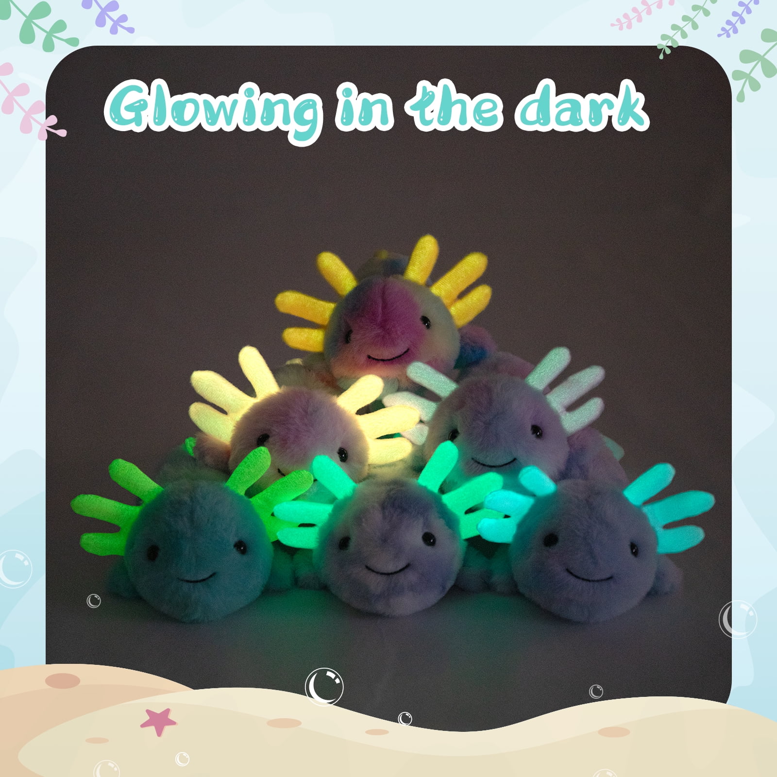 MorisMos 6 Pack Glow in Dark Axolotl Stuffed Animals, Soft Cute Rainbow Salamander Plush Toys