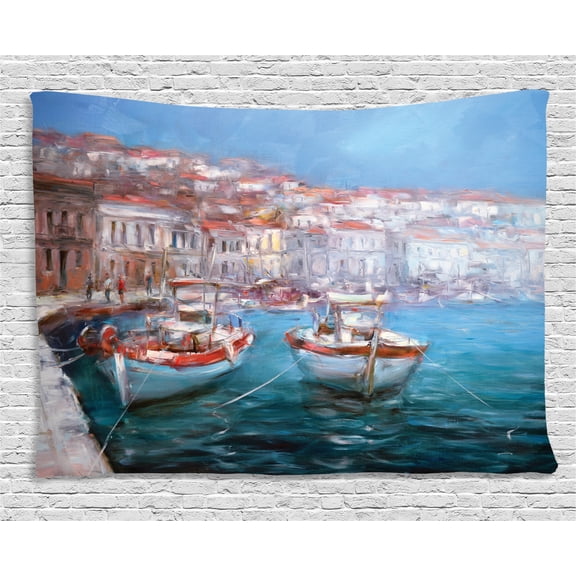 Sailboat Tapestry, Calming Scene of Fishing Boats Floating on the Seashore Pastel Oil Painting Effect, Wall Hanging for Bedroom Living Room Dorm Decor, 60W X 40L Inches, Multicolor, by Ambesonne