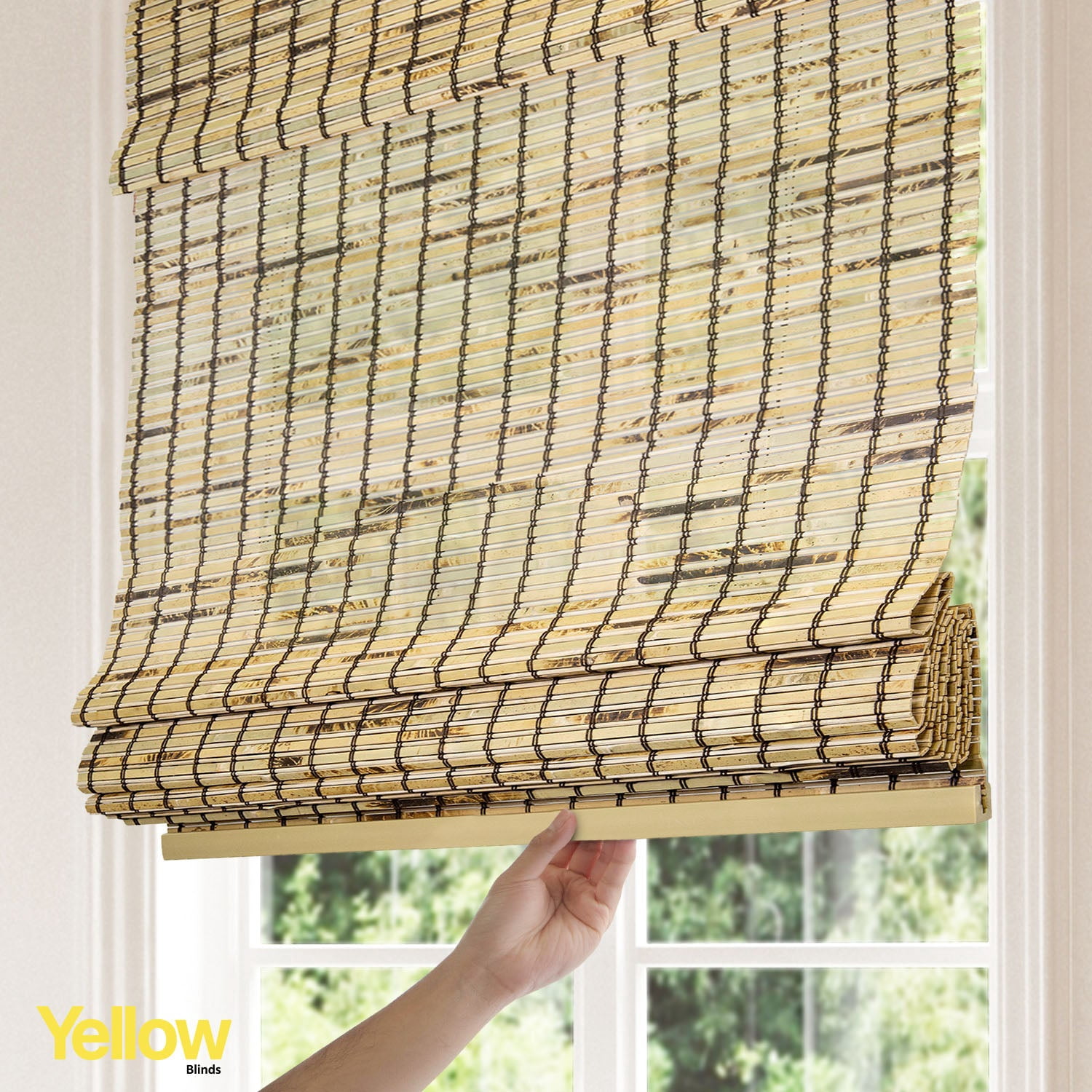 Yellow Blinds 32"W x 64"H Natural Woven Cordless Light Filtering Bamboo Roman Shades for Window, Tortoiseshell