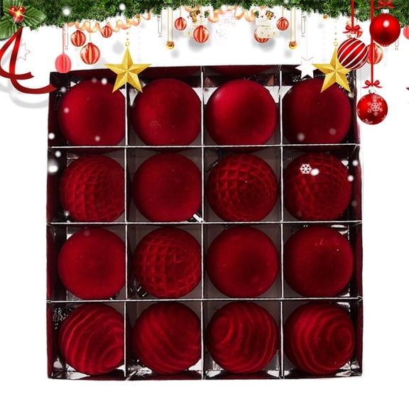 Plush Velvet Christmas Ball Ornaments 16 Pack 2.4in Red Soft Tree Decor