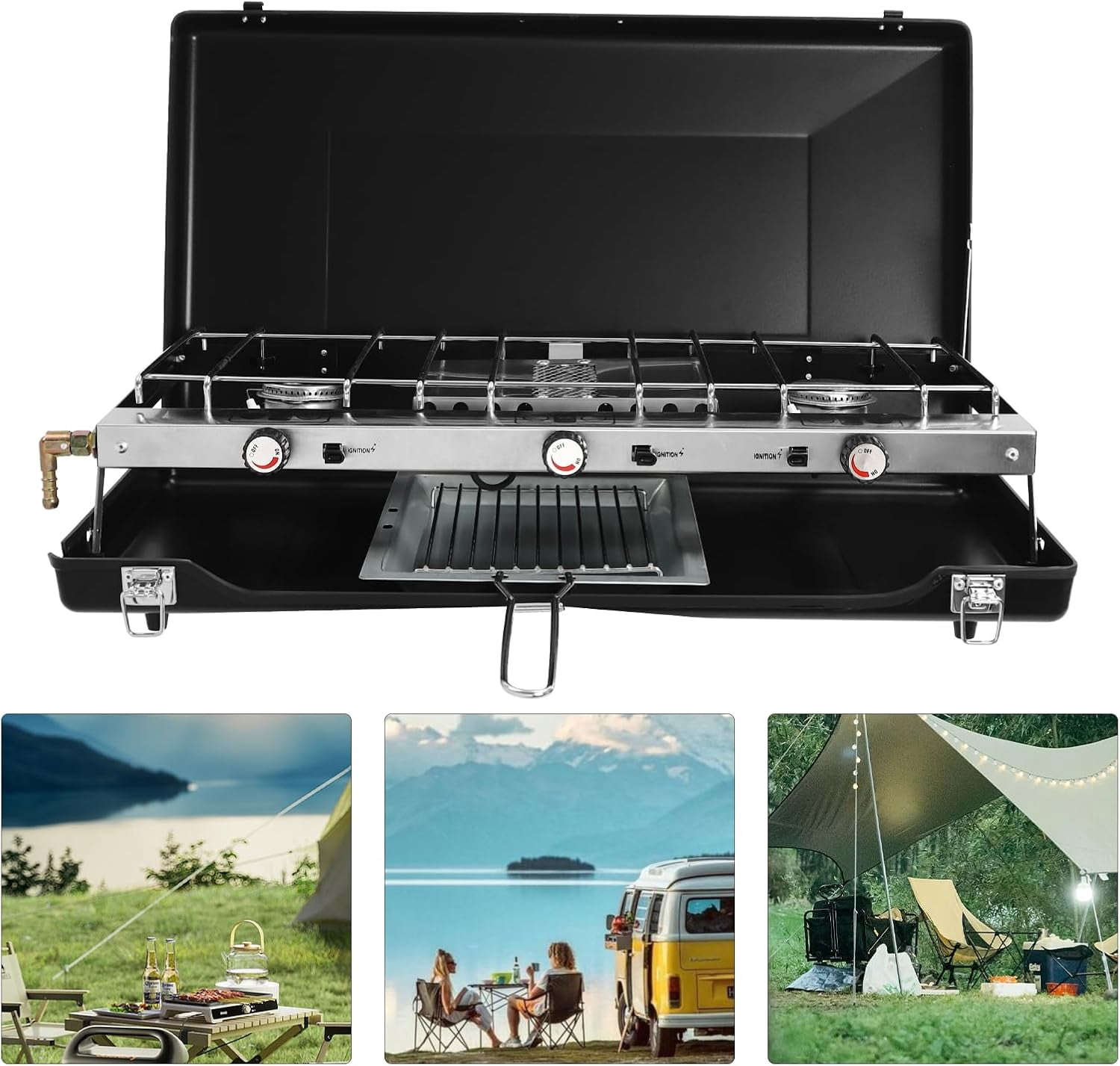 Gas Camping Stove, Portable Cooking Stove, 3-Burner Camping Stove with Griddle, Regulator, Toast Tray, Windshield for Car Camping BBQ
