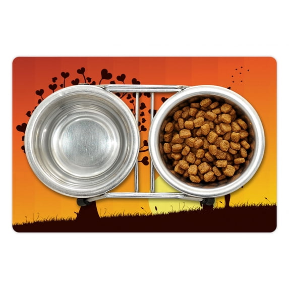 Kissing Pet Mat for Food and Water, Ombre Sky Love Tree Romantic Couple Silhouette, Non-Slip Rubber Mat for Dogs and Cats, 18" X 12", by Ambesonne