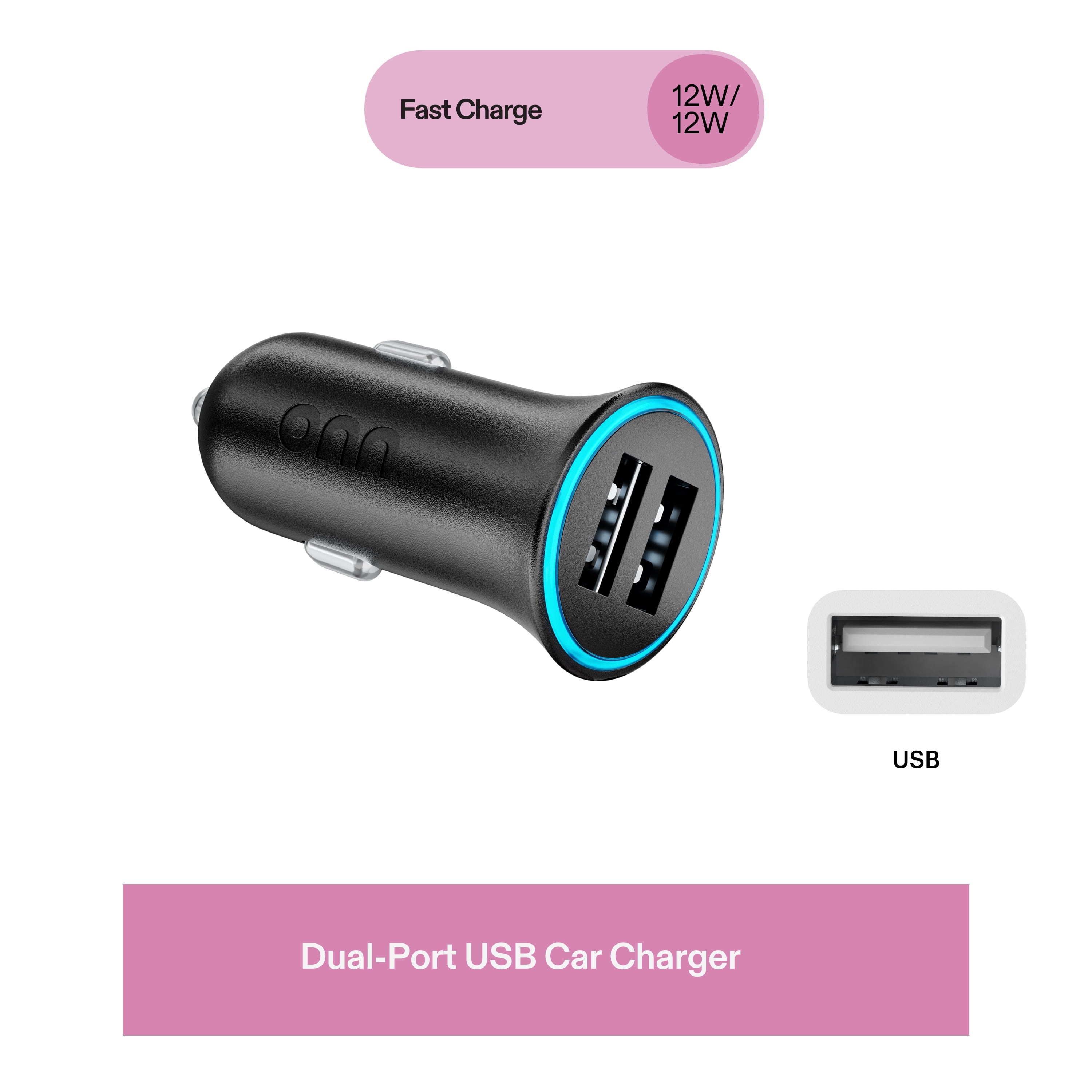 (2 pack) onn 24W Dual USB-A Port Car Charger with Compact Design for Cigarette Lighter Adapter