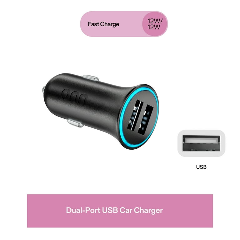 onn. Dual-Port Car Charger, Black