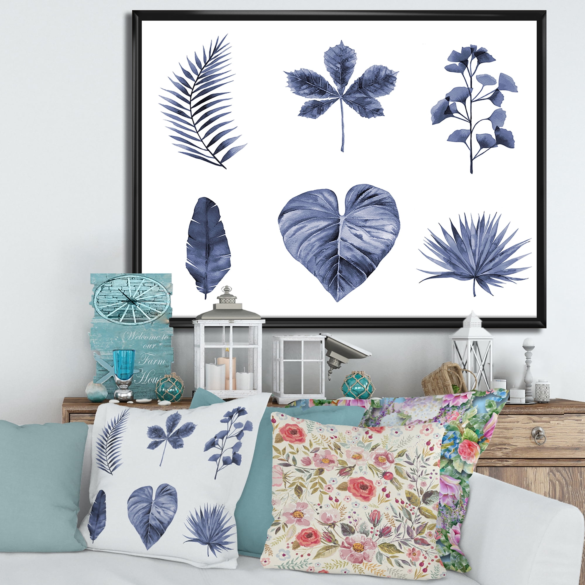 Designart 'Abstract Set Of Plant Leaves Blue' Traditional Framed Canvas Wall Art Print