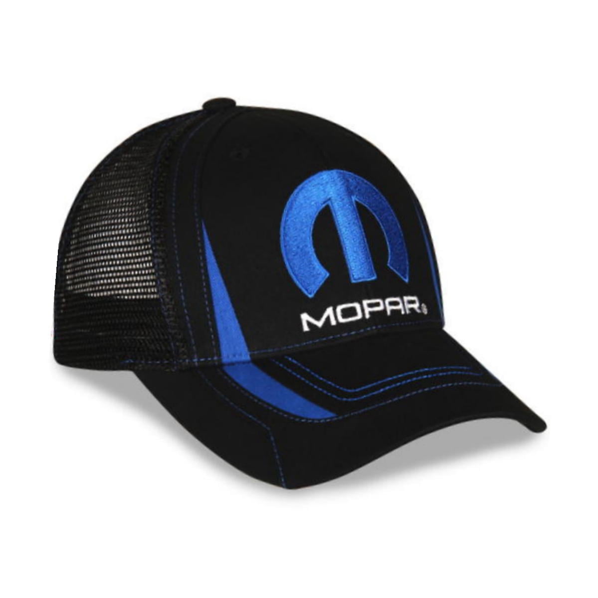 MOPAR Trucker Style Hat, Vented Mesh Back, Embroidered Logo, Adjustable, 65% Brushed Cotton 35% Polyester, Black w/ Blue Trim, One Size Fits Most