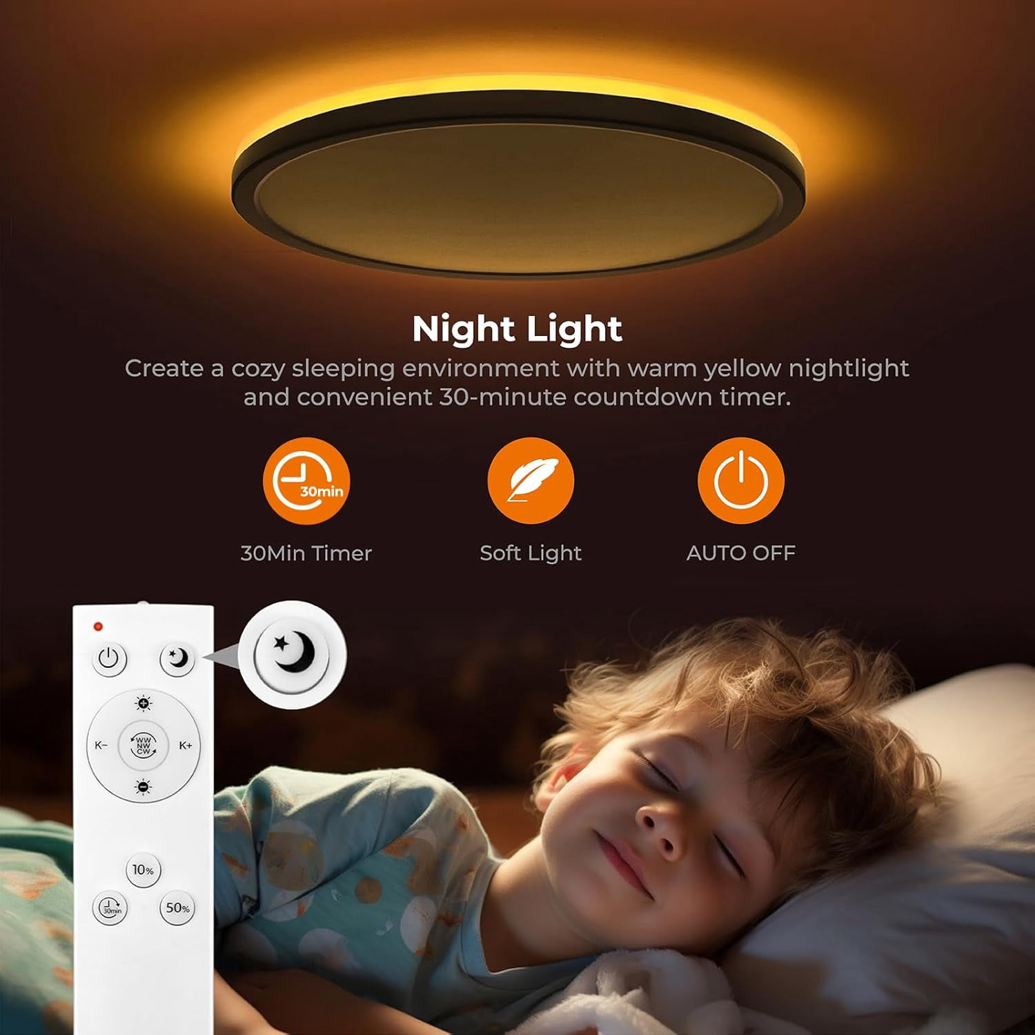 Matane 15.4'' LED Flush Mount Ceiling Light Fixture with Remote Control, Nightlight 2000K Warm,36W 3600LM 3000K-6500K Dimmable Surface Mount Lighting Fixture for Bedroom, Dining Room, Kitchen,Black