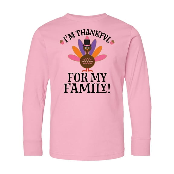 Inktastic Thanksgiving Girl Turkey Thankful for Family Long Sleeve Youth T-Shirt