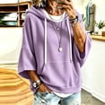 thumbnail image 2 of hlysgo Womens Knit Hoodie Batwing 3/4 Bell Sleeves Oversized Sweatshirts with Kangaroo Pocket Lightweight Casual Pullover Tops Purple,L, 2 of 6