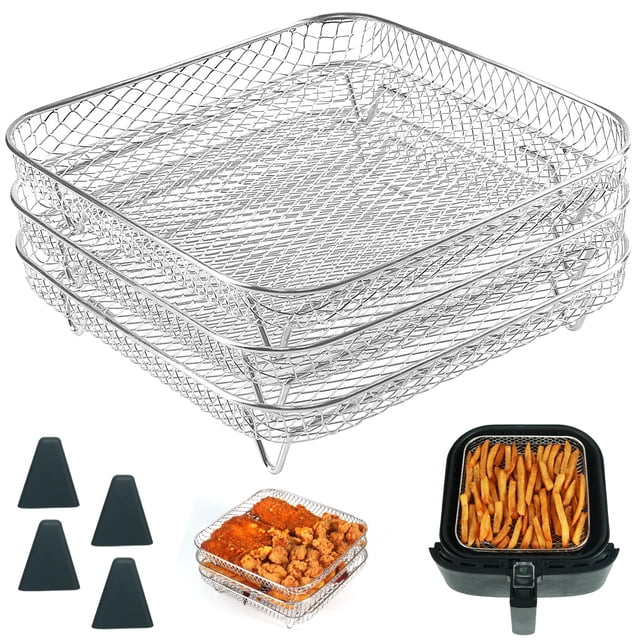 BYKITCHEN 8 inch Square Air Fryer Rack, 3pcs Stackable Stainless Steel Dehydrator Rack with Silicon Feet, Square Air Fryer Accessories for Cosori, In