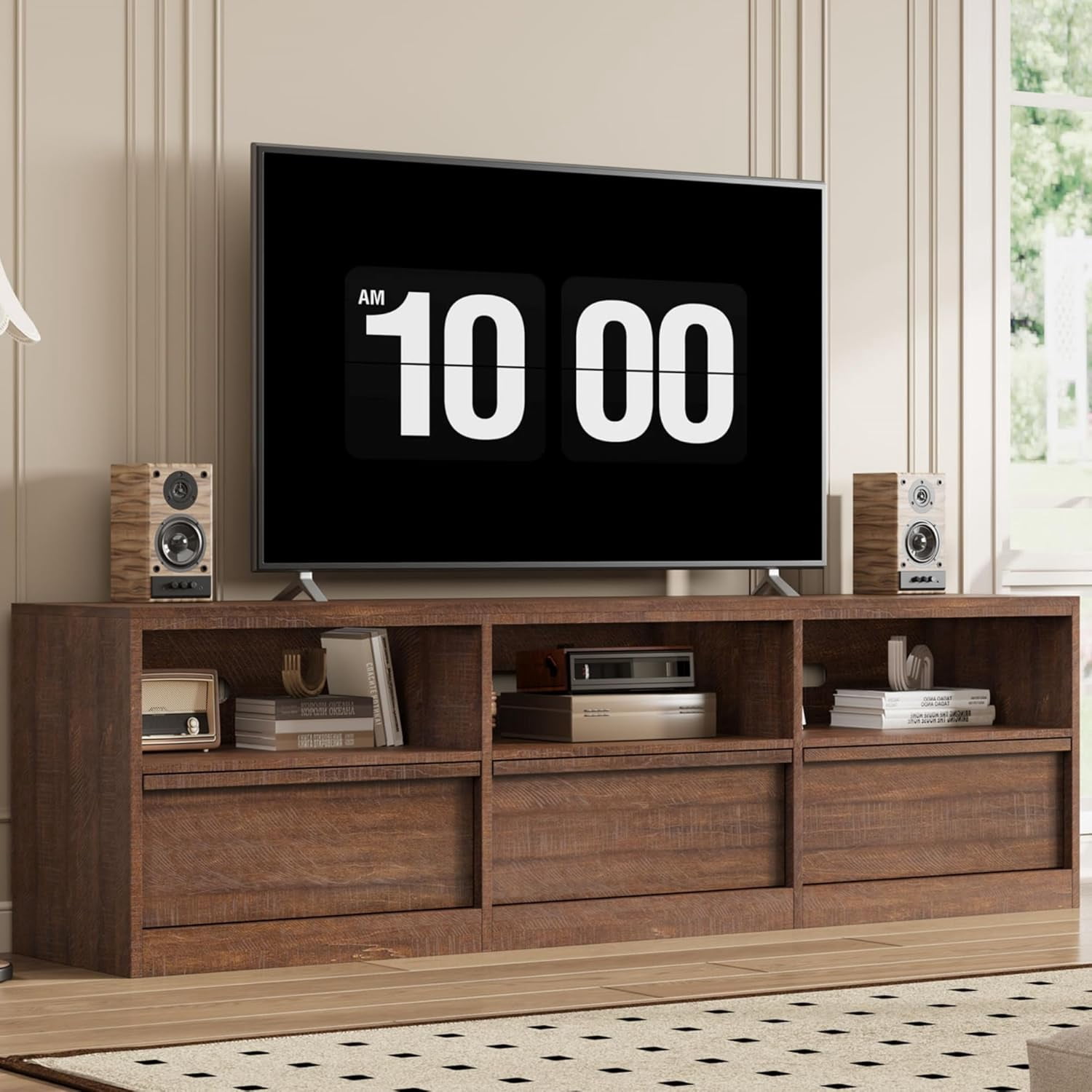Garvee 70" TV Stand for TVs up to 85", Mid Century Modern Entertainment Center with Drawer, Open Shelves & Cable Management, Vintage Brown
