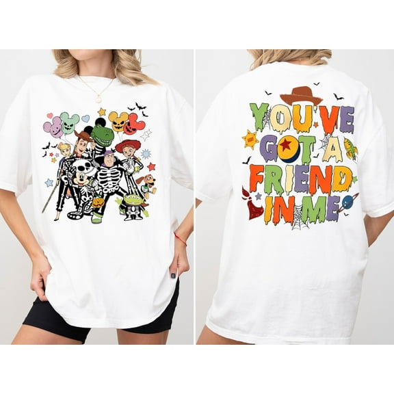 Two-Sided Vintage Disney Toy Story Halloween Shirt, You'Ve Got A Friend In Me Tshirt, Woody Buzz Lightyear, Mickey's Not So Scary, Cars land