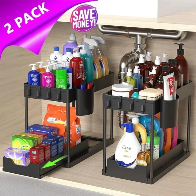 PHANCIR Organizador Debajo Del Fregadero, Paquete de 2, Almacenamiento Deslizante Debajo Del Fregadero de 2 Niveles, para Baño y Cocina