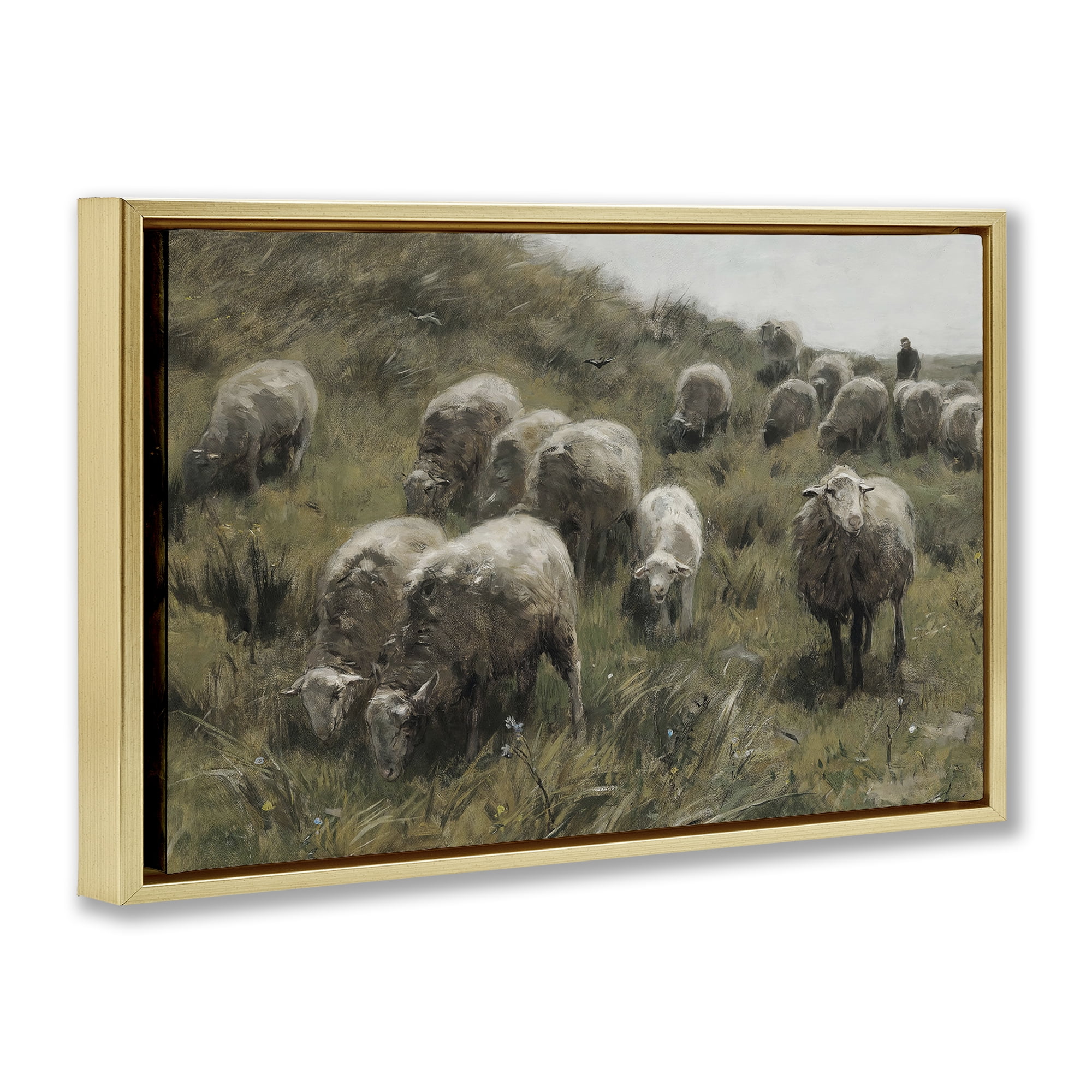Stupell Industries Sheep At Pasture Landscape Painting Gold Floater Framed Canvas Art Print Wall Art, 25 x 17