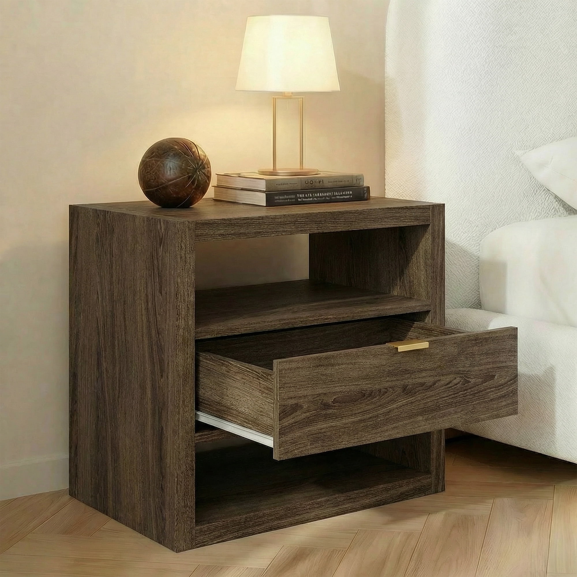 Spruce & Spring Modern Nightstand End Table with Storage Drawer, Farmhouse Style Bedside Table, Easy Assembly, Walnut