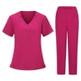 thumbnail image 2 of Minjewel Women's Short Sleeve V-Neck Two-Piece Scrub Set with Pockets, Comfortable Scrubs for Women Healthcare Workers, Hospital Duty & Caregiver Attire,Hot Pink L, 2 of 5