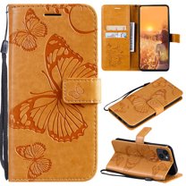 Nalacover For iPhone 13 6.1 inch Case,Luxury 360 Protection Embossed Butterfly PU Leather and Soft TPU Flip Kickstand Magnetic Card Wallet Shockproof Protective Cover with Wrist Strap.Yellow