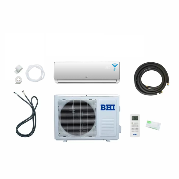 BHI Climatiseur Mini-Split Sans Conduits de 12 000 BTU 115 Volts, 20 SEER, 600 Pi2 avec Thermopompe, Contrôle Wi-Fi, Trousses d'Installation de 16,4 Pi, Montage Mural