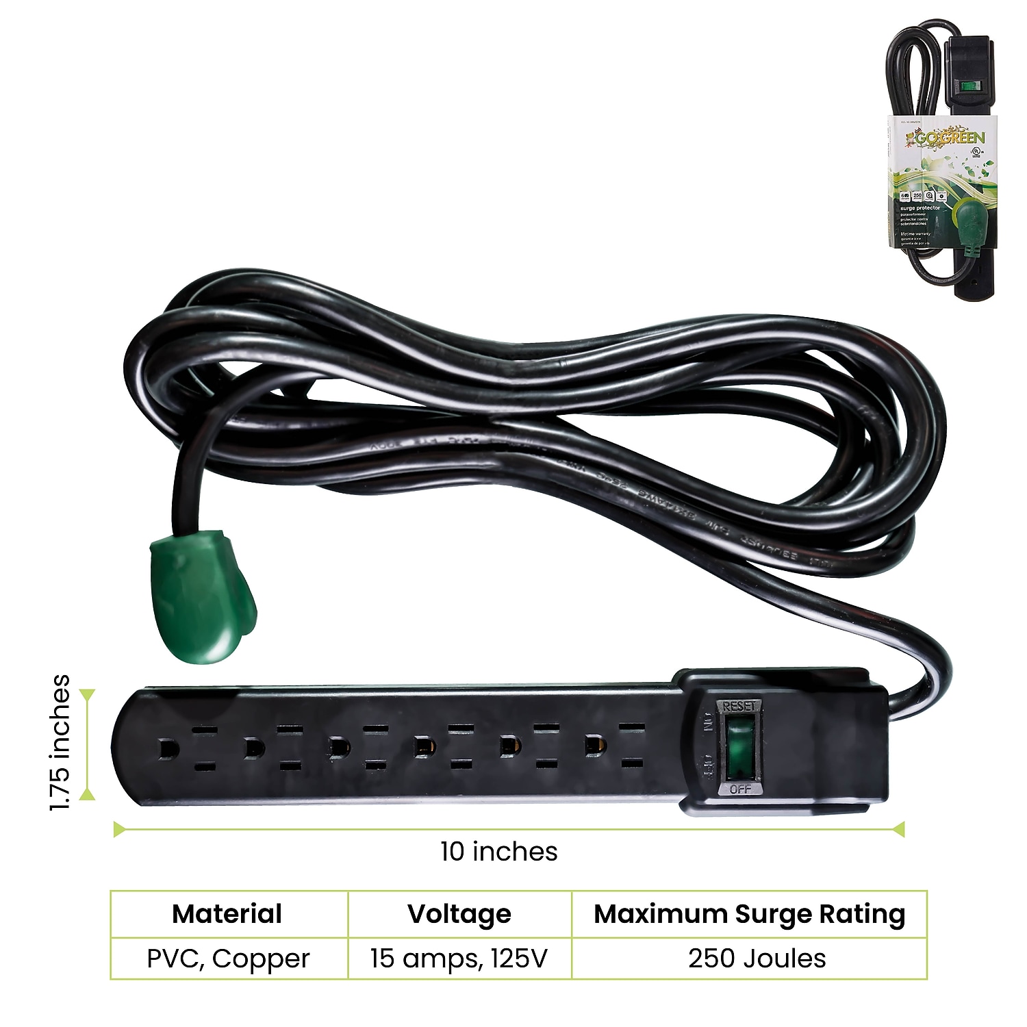 GoGreen Power 6 Outlet Surge Protector 16106MSBK - 6ft Cord - Black
