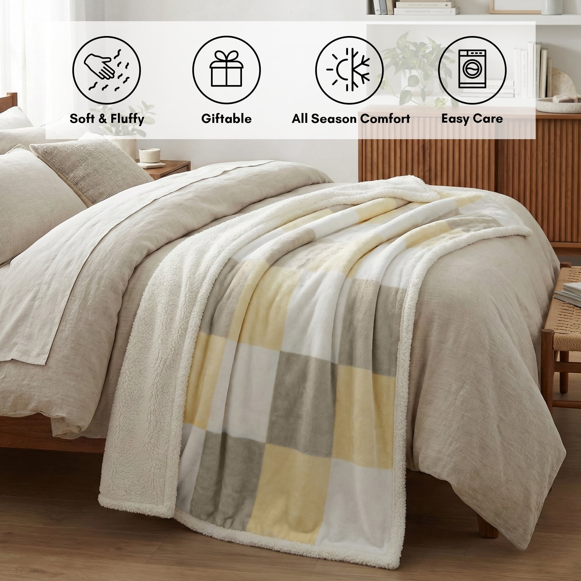 Americanflat - Fleece and Sherpa Throw Blanket - Oversize Plaid - 50x60 Inch - White