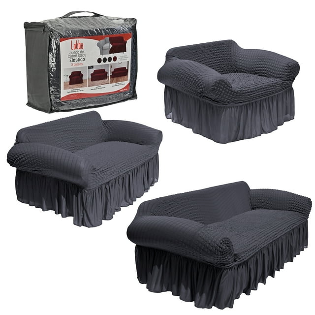 LABBA Fundas Elásticas para Sillones con Olanes, Juego de 3 Piezas, para Sofá Individual/Love Seat/Tres Plazas Color Gris Oscuro