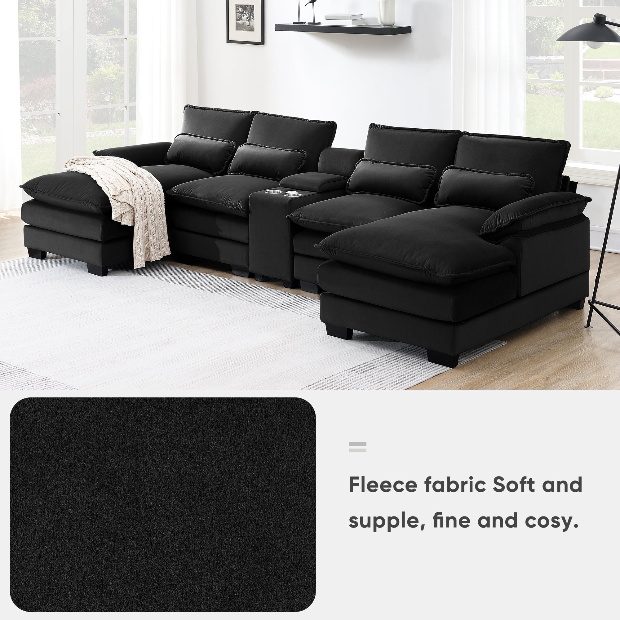 Harper & Bright Designs Sectional Sofa with Console and Cup Holders, Modern U Shaped Sofa Couch Sets with 2 Chaise Lounge, 4-seat Chenille Cloud Couch with USB Ports for Living Room Office, Black