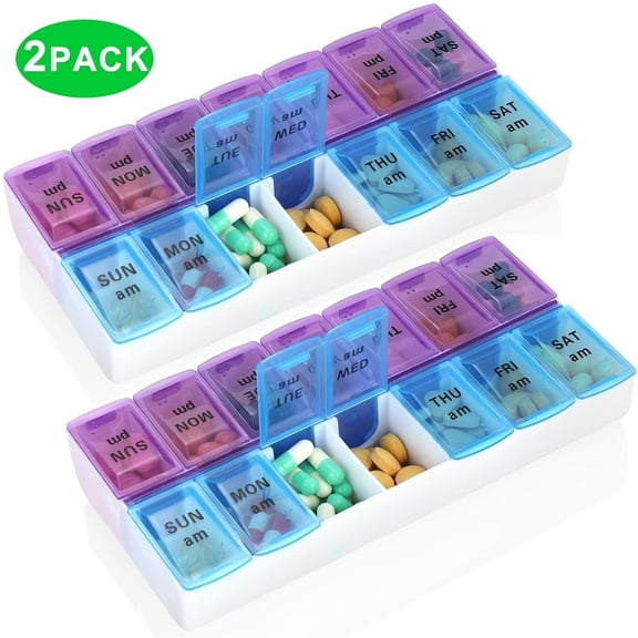 Arcticice 2-pack Pill Box 7 Day Pill Organizer 2 Times a Day Compact Pill Travel Case, 14 Individual Compartmented Pill Box with Braille Printed, Blue Purple