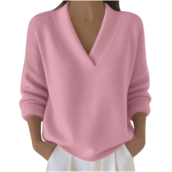 successthop V Neck Sweaters for Women Oversized Plus Size Tops Ribbed Cuffs Long Sleeve Clothes Solid Knitwear Pink