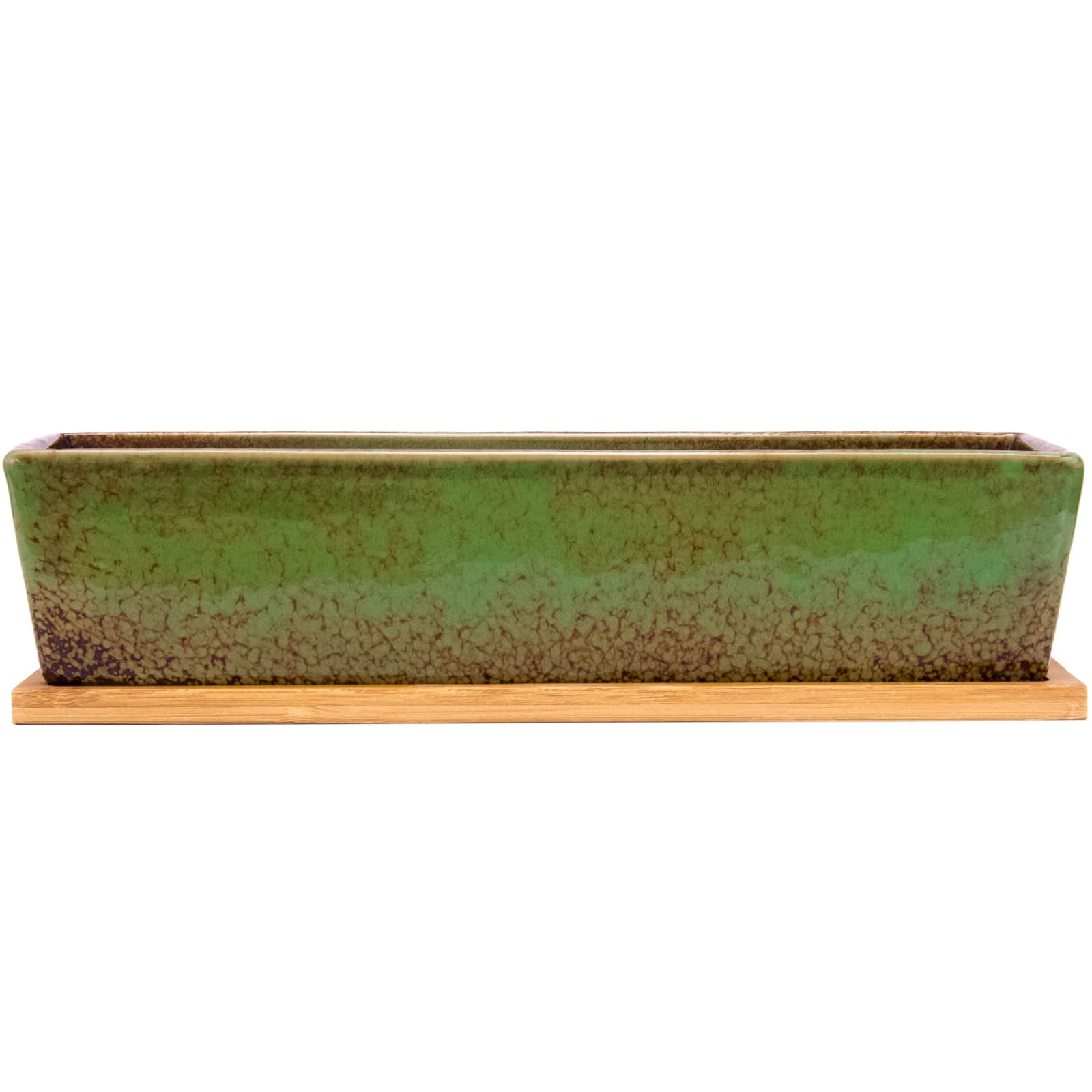 Succulent Planter Pots Large Rectangular Ceramic Cactus Flower Pot with Drainage and Bamboo Tray 12 Inch Shallow Bonsai Window Box for Home Garden Decor