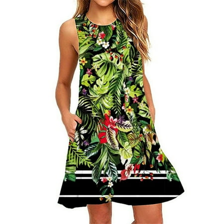 

Zkozptok Dresses for Women 2023 Boho Summer Beach Floral Skirts Thigh -length Dress Sundress Casual Pockets Tank Dress Green XL