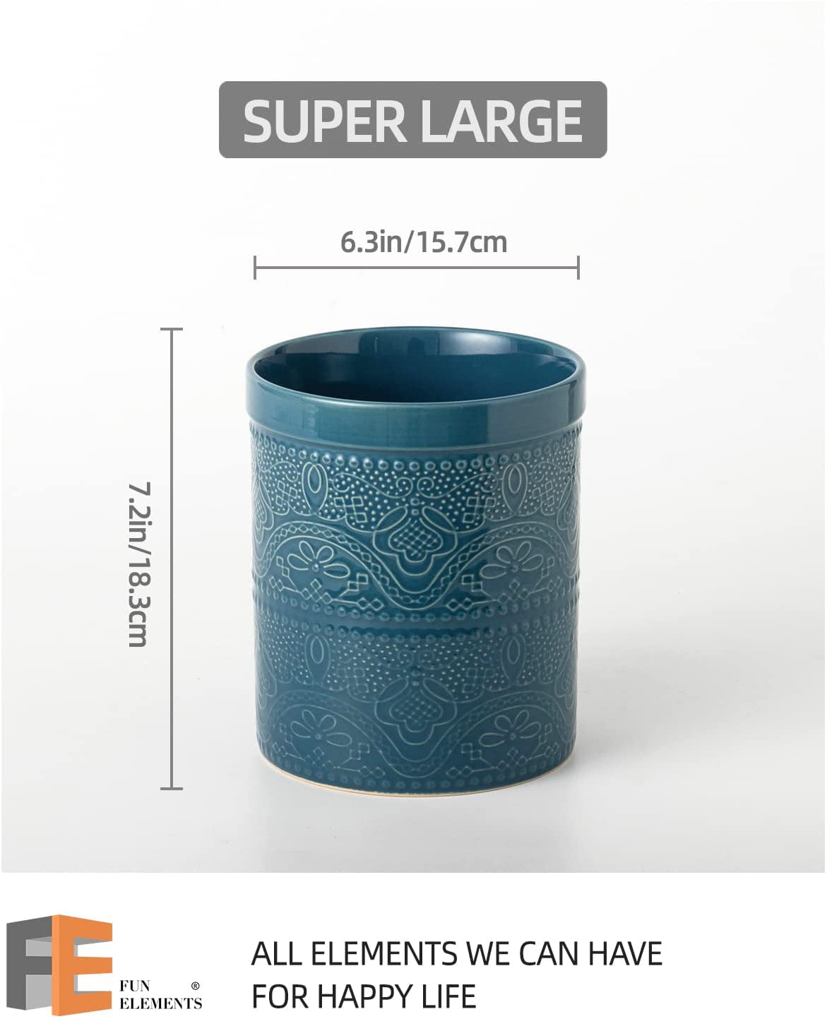 Fun Elements Kitchen Utensil Holder, 7.2" Super Large Utensil Crock Heavy and Stable Lace Emboss Ceramic Utensil Holder for Kitchen Counter (Grayish Blue)