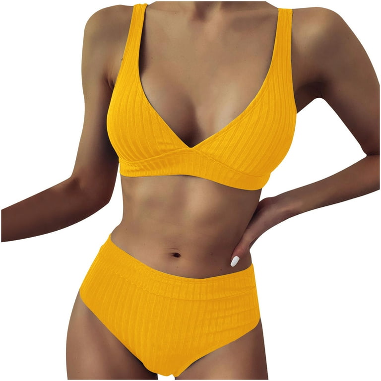 RQYYD Clearance Women Bikini Set for Women Two Piece Swimsuit High Waist  Deep V Neck Wide Straps Ribbed Bathing Suits(Yellow,S) 