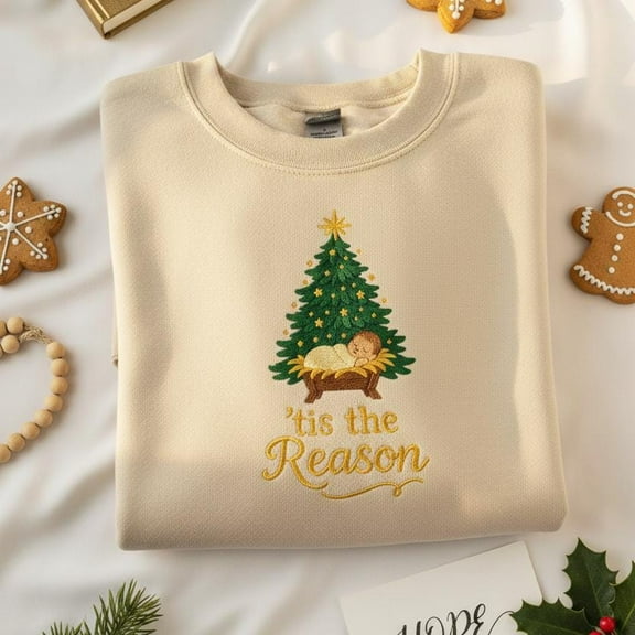 Embroidered Tis The Reason Sweatshirt with Baby Jesus and Christmas Tree Design