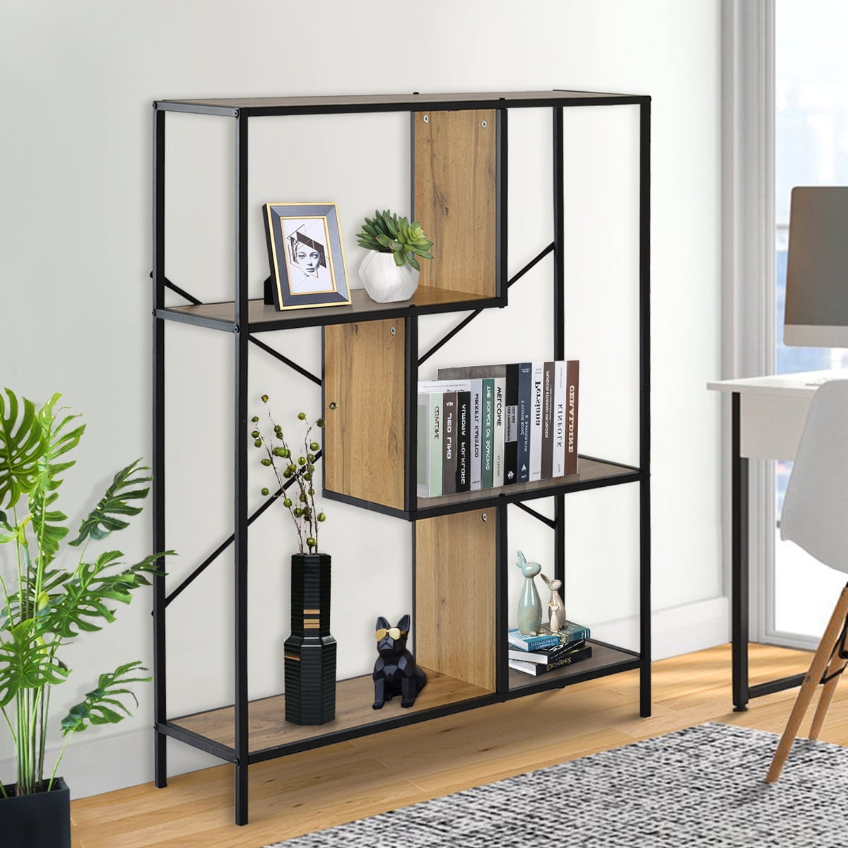 4 Tier Rustic Industrial Bookshelf, Metal Frame Storage Shelf Bookcase