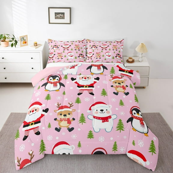 Manfei Kawaii Santa Claus Bedding Comforter Set,Cute Christmas Reindeer Twin Comforter Sets,Merry Xmas Bedding Set For Teens,Breathable Home Decor Reversible,2 Pieces