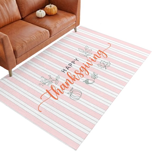 Happy Thanksgiving Washable Area Rug 3 x 5 ft Rustic Leaf Pumpkins Pink White Stripes Soft Non‑Slip Rugs Stain Repellent Indoor Mats for Entry Foyer, Apartment Living Corner Dining Nook
