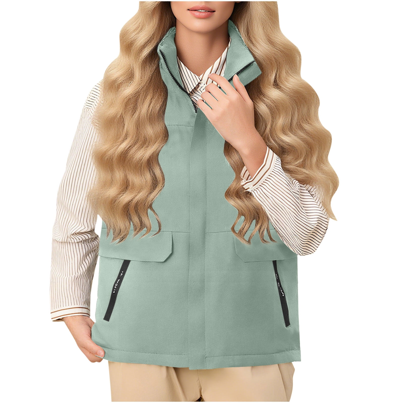 UTSJKR Vests for Women Lightweight Sleeveless Stand Collar Vest Waterproof Hiking Travel Golf Running Jacket with Pockets Green XL