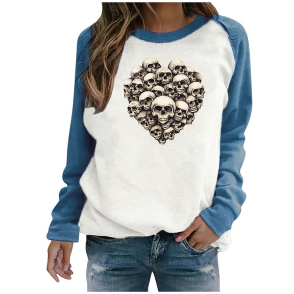 YUGYXL Halloween Sweatshirt for Women Funny Graphic Pullover Cute Ghost Skeleton Tops Long Sleeve Plus Size Fall Shirts Blue XL