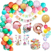 KISPATTI Donut Party Decorations, 54PCS Candyland Happy Birthday Pastel Balloon Garland Kit for Girls with Banner Candy Ice Cream Lollipop Reusable Supply Pack