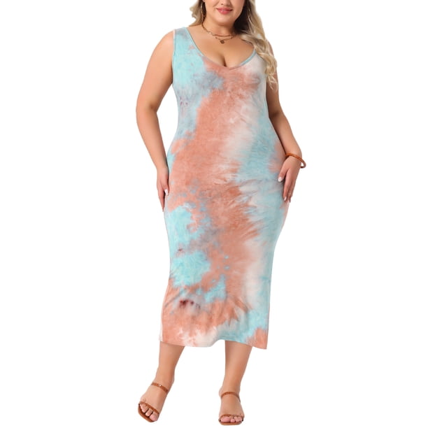 Vestido de verano sin mangas para mujer de talla grande Agnes Orinda, con diseño de teñido anudado, abertura lateral, escote en V, estilo casual midi, talla 1X, color rosa y azul