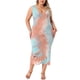 thumbnail image 1 of Vestido de verano sin mangas para mujer de talla grande Agnes Orinda, con diseño de teñido anudado, abertura lateral, escote en V, estilo casual midi, talla 1X, color rosa y azul, 1 of 5
