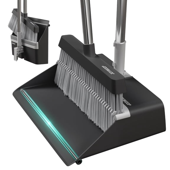 JOYMOOP Black Broom and Dustpan Set – No Tangle Bristles, Upright Stand up Design, Foldable Collapsible Dustpan with Angled Broom, Space Saving Cleaning Supplies for Home Kitchen Hardwood Floor