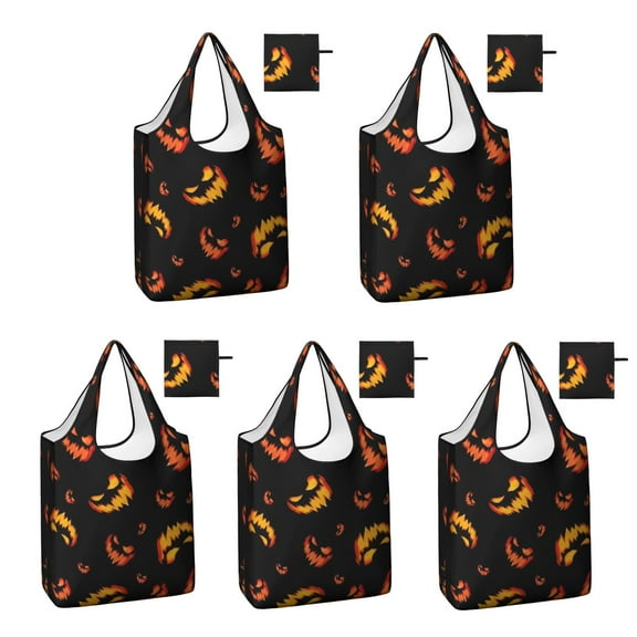 5 Pack Foldable Shopping Bag,Black Halloween Pumpkin Faces Reusable Grocery Bags with Pockets,Large Reusable Tote Bags with Handles Waterproof & Lightweight