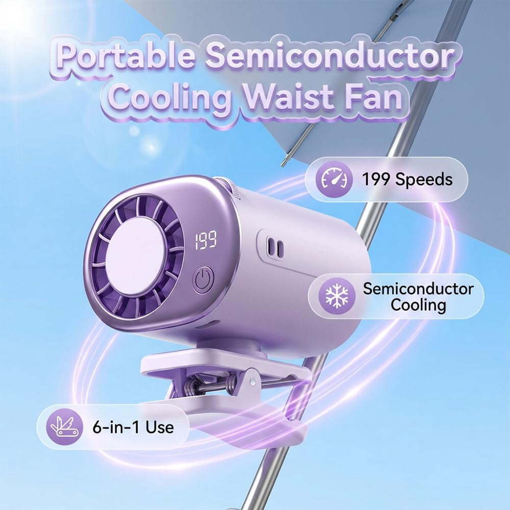 Car Clip on Air Conditioner Fan with LED Display, Upgraded 360° Rotation, 199 Speeds & Semi-Cooling Technology, USB Rechargeable Personal Fan, Hands-Free Clip on Fan for Cars, Work, Camping