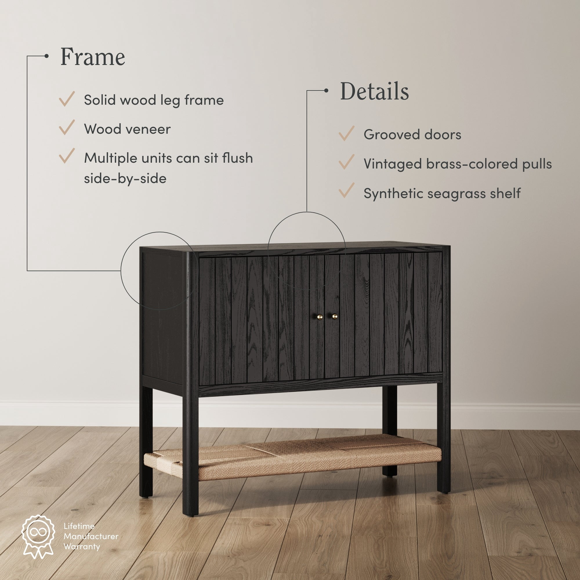 Nathan James Meads Mid Century Modern Cabinet with Doors, Solid Wood Kitchen Cabinet with Adjustable Interior Shelf and Seagrass Bottom Storage, Black Oak