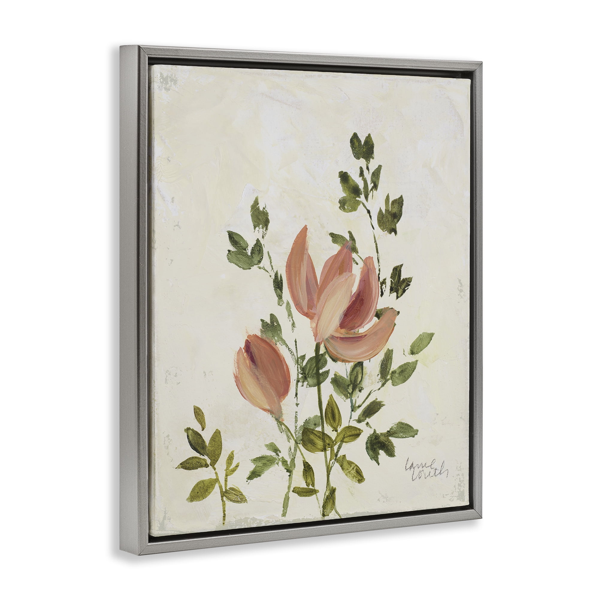 Stupell Industries Pink Florals Vintage Leaves Floral & Botanical Painting Gray Floater Framed Canvas Art Print Wall Art, 25 x 31