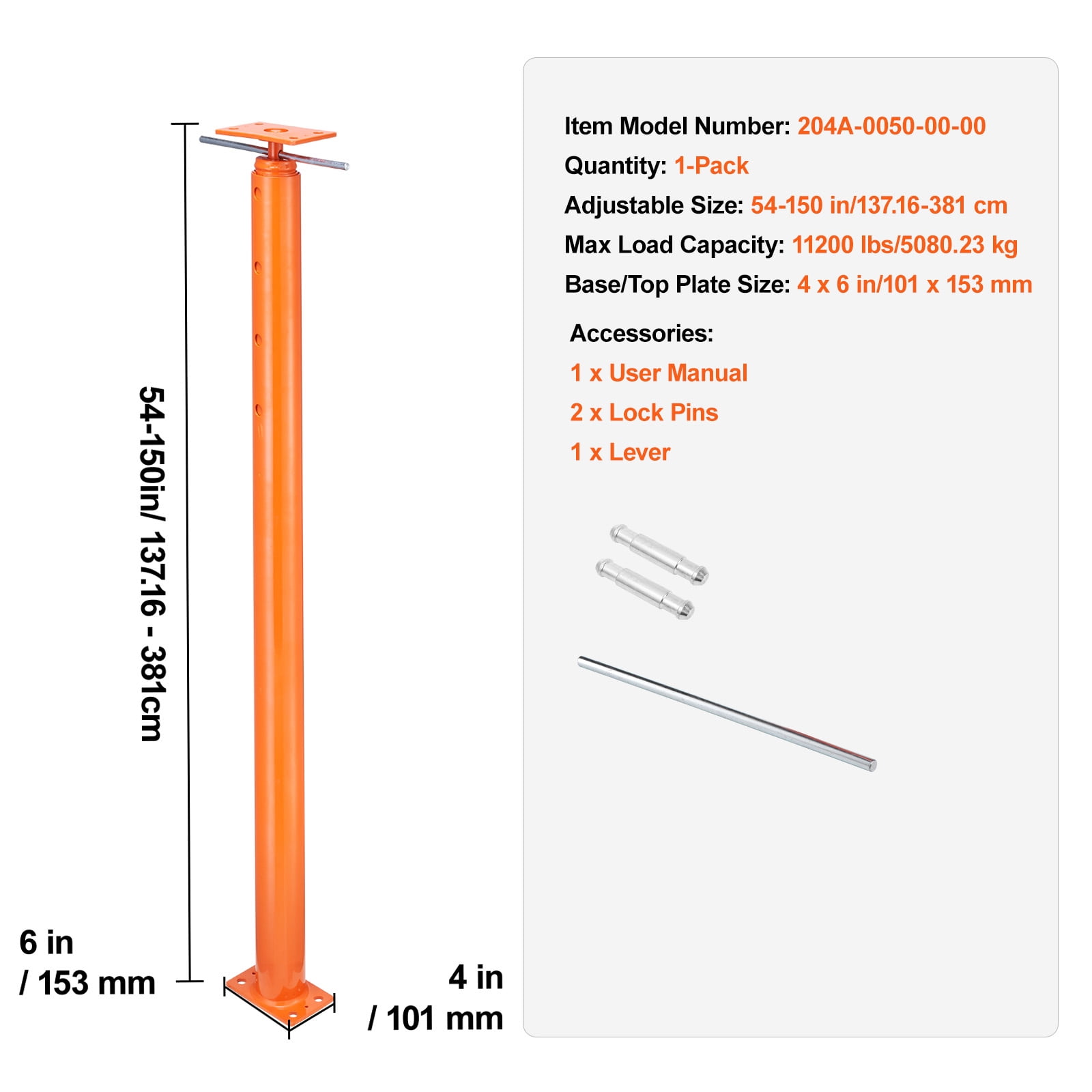 KFFKFF Home Jack Stand, Adjustable 54"-150" Height, Supports Up to 11200 lbs, Steel Telescopic Jack for Basement, Ideal for House Leveling & Temporary Support
