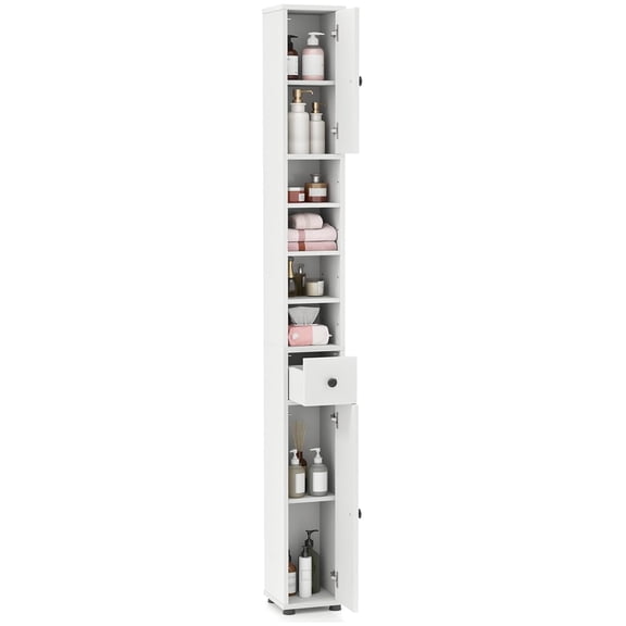71 Inch Tall Narrow Storage Cabinet, 8 Inch Wide Slim Bathroom Tower with 1 Drawer, 2 Doors, 5 Shelves