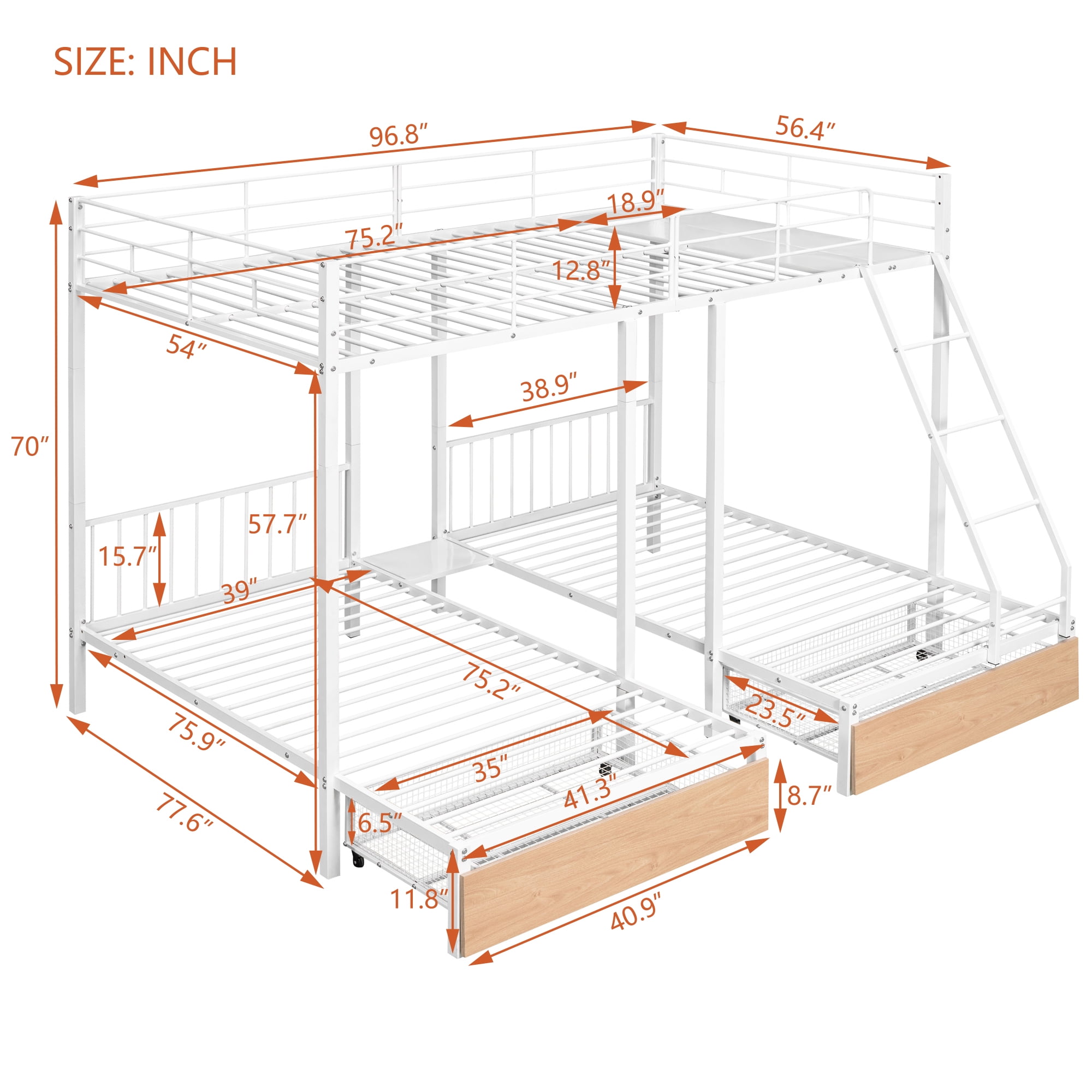 Aukfa Full over Twin over Twin Bunk Bed for 3, Metal Triple Bunk Bed with Storage Drawers for Kids Teens, White