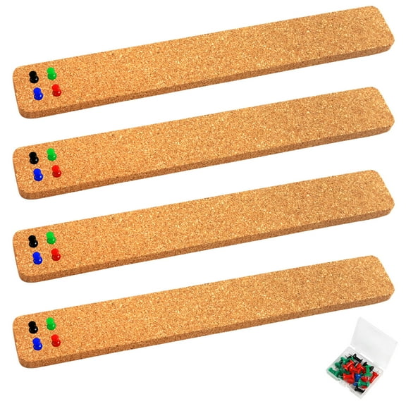 4 Pack Cork Strips Cork Board Bulletin Bar Strip 15” x 2” - 1/2” Thick, Natural Cork Frameless with Strong Self-Adhesive Backing & 20 Push Pins